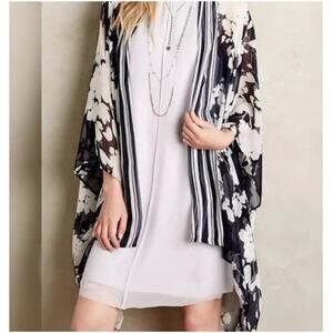 Anthropologie Elevenses Palolem Silk‎ Floral Sheer Kimono 100% Silk Navy White